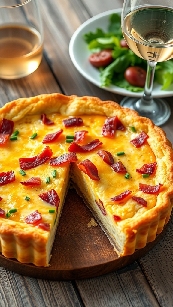 A slice of quiche Lorraine with bacon and cheese on a wooden table, garnished with chives.